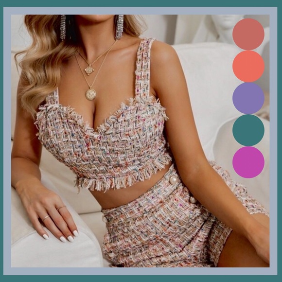 Gold Tweed V Neck Crop Pocket Shorts Fully Lined - Picture 4 of 8